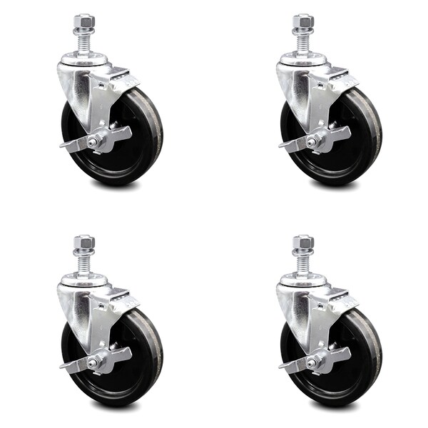 5 Inch Phenolic Wheel Swivel 3/8 Inch Threaded Stem Caster Set with Brake SCC